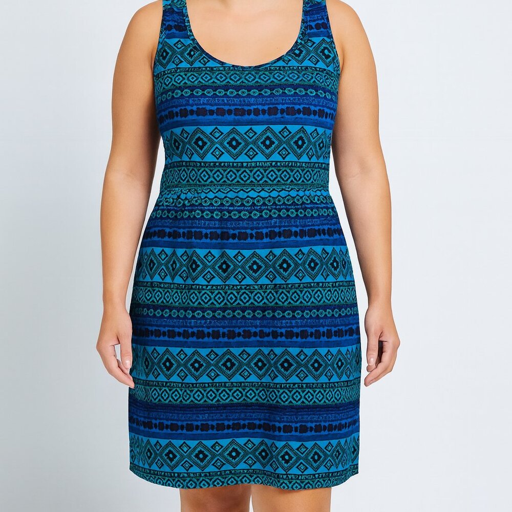 Mix & Co. Womens 1X Tank Dress Blue Black Geometric Tribal Print Rayon‎
